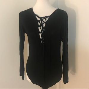 Boohoo+ Black lace-up bodysuit, long sleeves